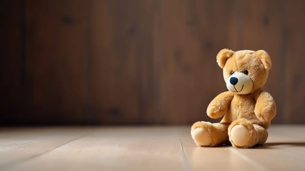 Teddy bear sitting in an empty room, wall background, Kid alone in the child room concept. Copy space