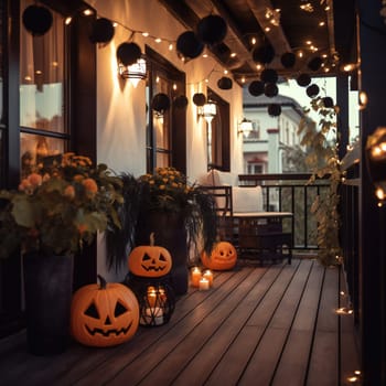 Beautiful autumn terrace decoration with pumpkins, lantern, plants and flowers, sculls