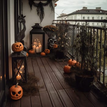 Beautiful autumn terrace decoration with pumpkins, lantern, plants and flowers, sculls