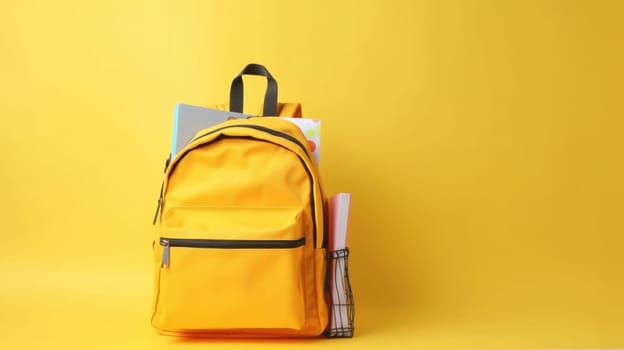 Yellow backpack with school supplies on yellow empty copy space background.