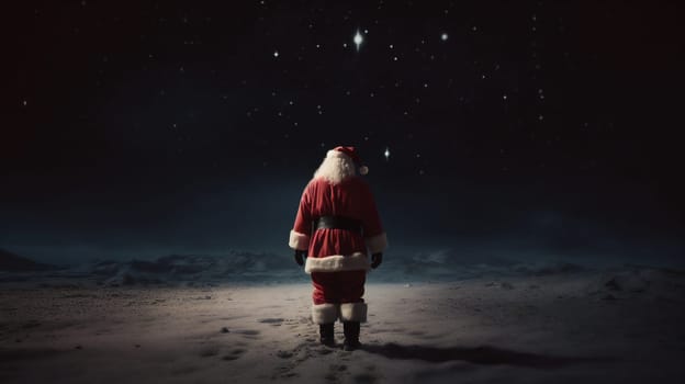 santa claus from the back standing alone and looking forward at night. banner.