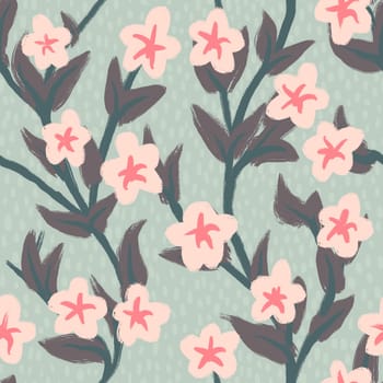 Hand drawn seamless pattern with muted pastel flowers, neutral beige sage green floral design. Boho bohemian trendy loose nature blossom bloom leaves, victorian retro garden print, retro romantic