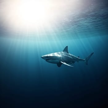 selective image of shark swimming underwater in the deep blue of the ocean or sea