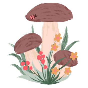 Hand drawn illustration of summer brown mushroom with grass herbs flowers. Fall autumn nature wood woodland forest, cute drawing fungus fungi wild poisonous edible shrooms