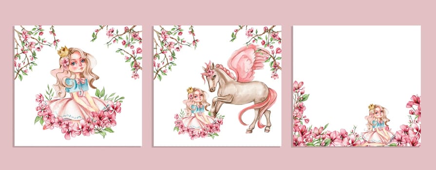 Composition border of flower fairy, little princess dressed in pink with flower illustration. Watercolor illustration for greeting card, posters, stickers, packaging.