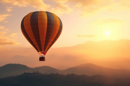 Colorful Hot Air Balloon with unrecognizable people in sunset or sunrise, AI Generated