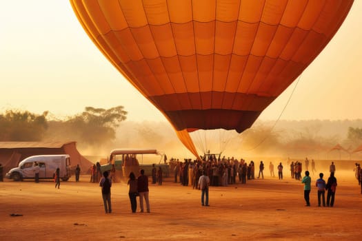 Colorful Hot Air Balloon on the ground landing or starting to launch with unrecognizable people, AI Generated