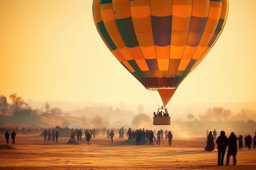 Colorful Hot Air Balloon on the ground landing or starting to launch with unrecognizable people, AI Generated