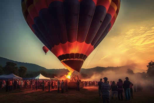 Colorful Hot Air Balloon on the ground landing or starting to launch with unrecognizable people, AI Generated