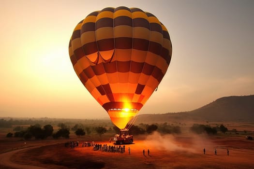 Colorful Hot Air Balloon on the ground landing or starting to launch with unrecognizable people, AI Generated