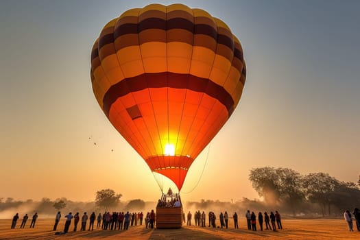 Colorful Hot Air Balloon on the ground landing or starting to launch with unrecognizable people, AI Generated