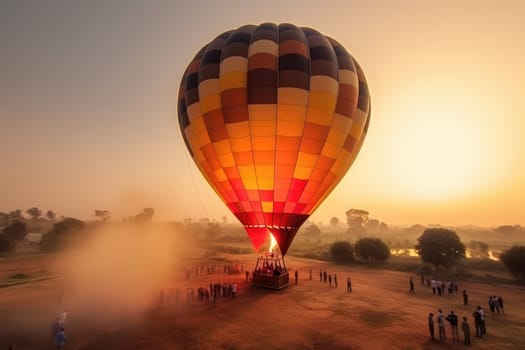 Colorful Hot Air Balloon on the ground landing or starting to launch with unrecognizable people, AI Generated