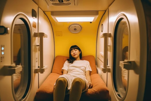 Tired asian woman having rest in capsule hotel. AI Generated