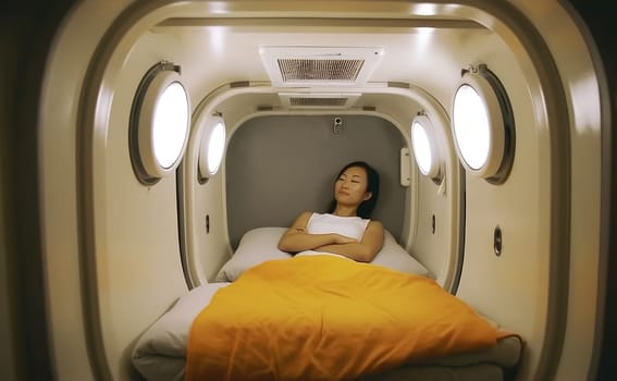 Tired asian woman having rest in capsule hotel. AI Generated