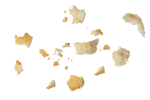 Fresh white bread crumbs isolated on white background. Isolate crumbs of different sizes for inserting into a design or project. High quality photo