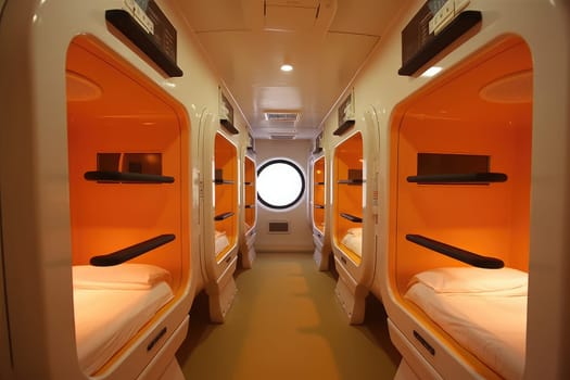 futuristic capsule hotel with orange interior. AI Generated