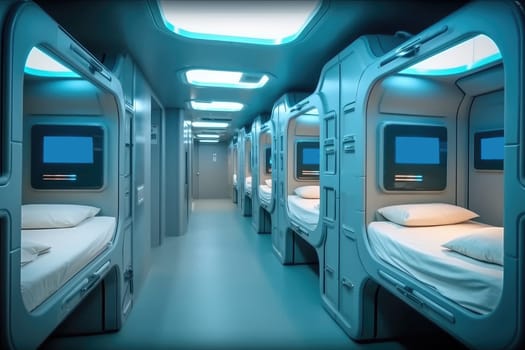 futuristic capsule hotel with blue interior. AI Generated