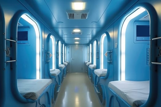 futuristic capsule hotel with blue interior. AI Generated