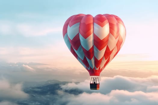 heart shaped Hot Air Balloon with unrecognizable people in Flight, AI Generated