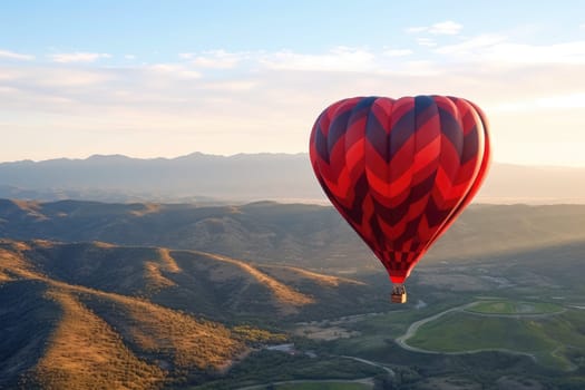 heart shaped Hot Air Balloon with unrecognizable people in Flight, AI Generated