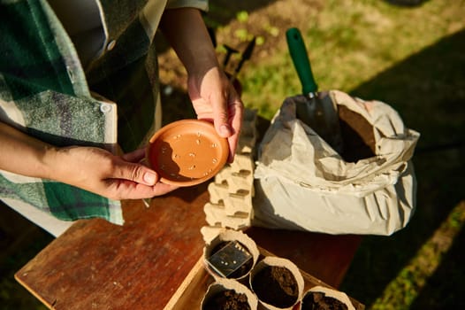 Selective focus. Amateur farmer holding clay pot with tomato seeds before sowing on fertilized black soil. Daytime. Spring farming and gardening concept. Agriculture. organic farming food production