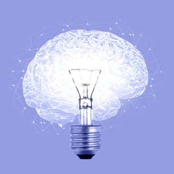 Lightbulb brain abstract, idea and thinking for creative innovation, strategy and solution with vision. Mindset, mind power and neurological science for natural energy network, brainstorming or ideas.