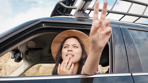 Travel, car and woman with peace hand sign, adventure and transportation for fun vacation and road trip with view. Young female, summer holiday and wait in automobile, journey and traveling