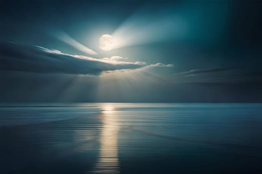 Moonlight in ocean landscape. The ocean stretches out as far as the eye can see, its surface a canvas of deep, midnight blue. AI generated image