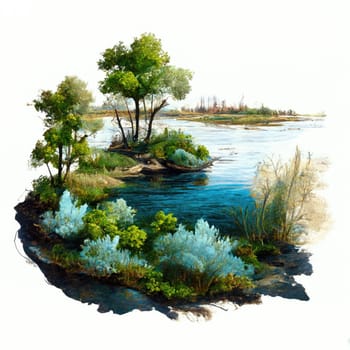 AI generative illustration of a meadow with a river. Beautiful nature tranquil scene.