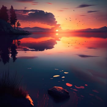 AI Generative Dreamlike scene of beautiful sunset over a peaceful lake