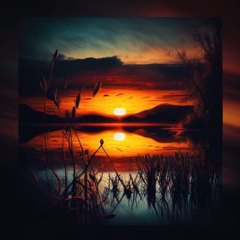 AI Generative Dreamlike scene of beautiful sunset over a peaceful lake