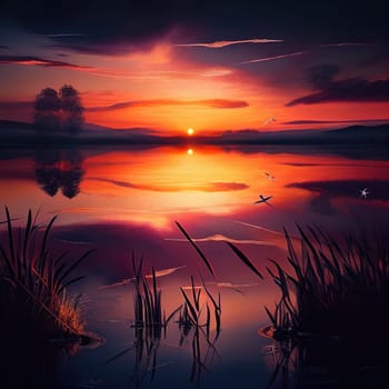 AI Generative Dreamlike scene of beautiful sunset over a peaceful lake
