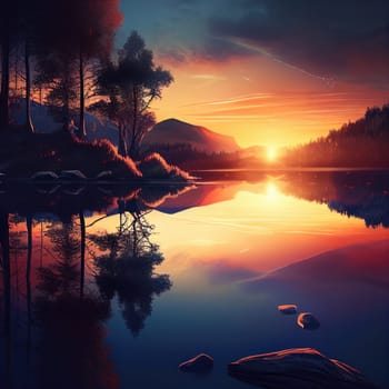 AI Generative Dreamlike scene of beautiful sunset over a peaceful lake
