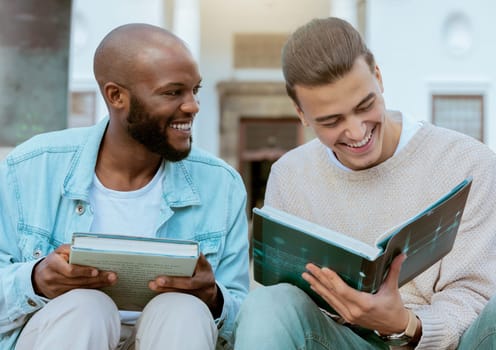 University student books, learning and laughing with studying and education textbook on steps. Outdoor, friends and diversity of men in a conversation with a funny joke and books for study knowledge.