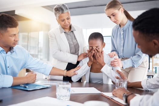 Cry, sad business woman and team support for African person crying over investment fail, administration mistake or problem. Mental health crisis, depression and hr employee with community group help.