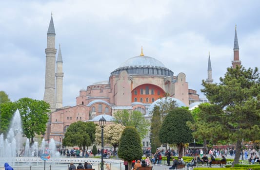 Istanbul, Turkey, May 02, 2023: Panoramic view of Hagia Sophia Holy Grand Mosque and the Sultan Ahmet Park.A very strong visited tourist place.