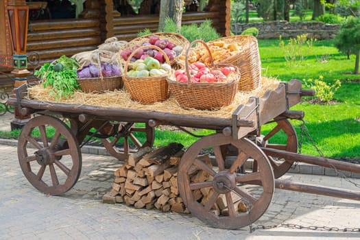 an old village cart with pumpkins on a beautiful background. photo