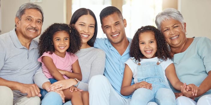 Portrait of happy family time in living room sofa with smile, hug and bonding for love, relax and happiness. Grandparents, parents and children together relaxing in family home, home or house.