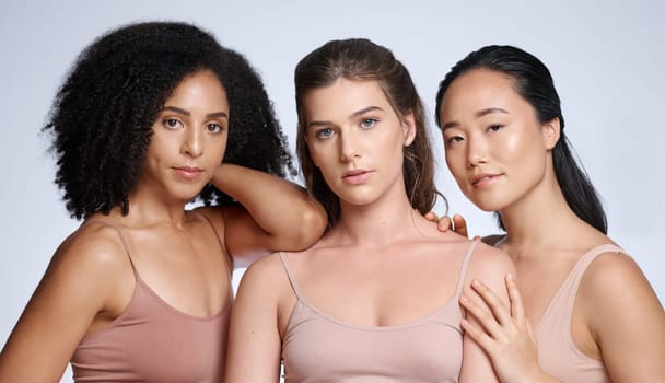 Diversity, women portrait and skincare wellness of model friends with beauty and health. Cosmetics, body positivity and woman solidarity and support for self care, self love and natural cosmetics.