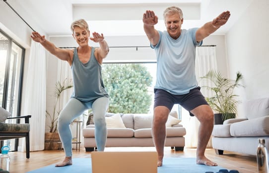 Elderly, couple and yoga in home with laptop for training with video online. Man, woman and retirement with computer for class on internet together in living room for health, wellness and fitness.