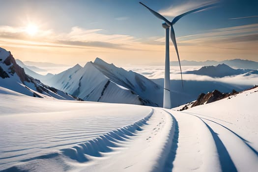 Panoramic view of wind farm or wind park, with high wind turbines for generation electricity with copy space. Green energy concept. Generative AI