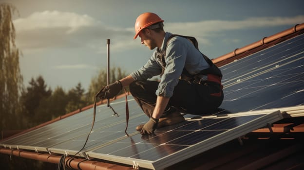 solar panesl or photovoltaic plant on the roof of a house. Generative AI.