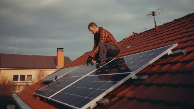 solar panesl or photovoltaic plant on the roof of a house. Generative AI.