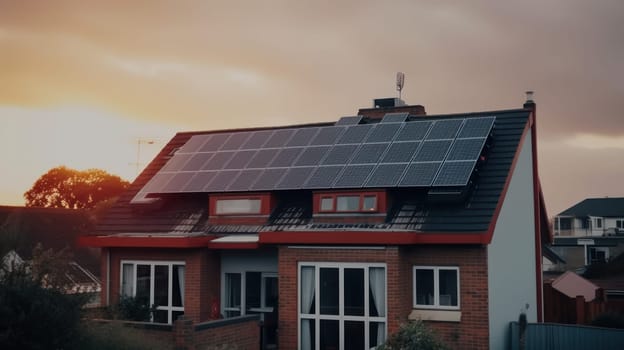 solar panesl or photovoltaic plant on the roof of a house. Generative AI.