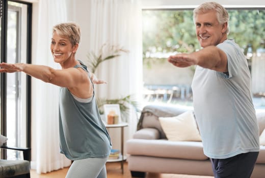 Yoga, fitness and senior couple doing home workout, training and wellness exercise in the living room together. Smile, old man and happy woman enjoying pilates and stretching in a healthy retirement.