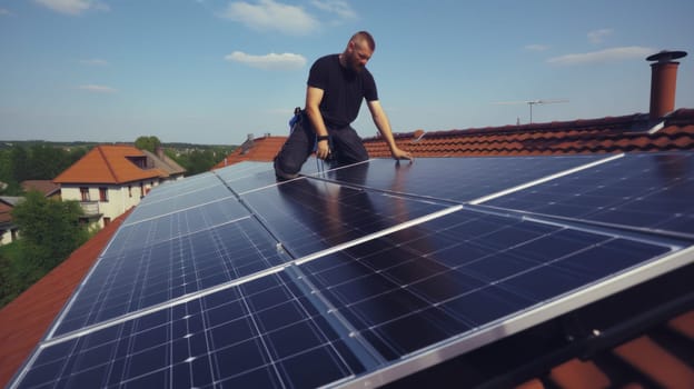 solar panesl or photovoltaic plant on the roof of a house. Generative AI.