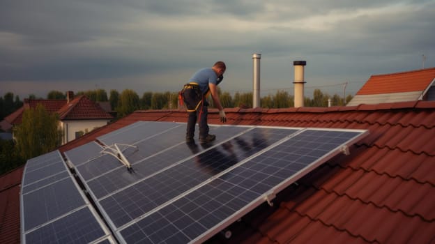 solar panesl or photovoltaic plant on the roof of a house. Generative AI.