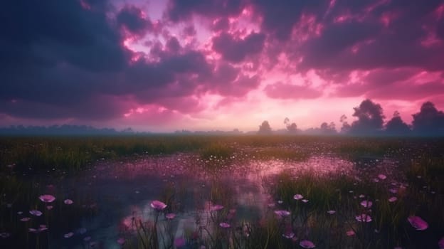Pink flower filed with beautiful pink sky. Generative AI.