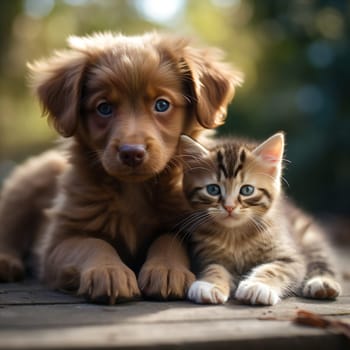 Best friends - kitten and small fluffy dog looking on camera
