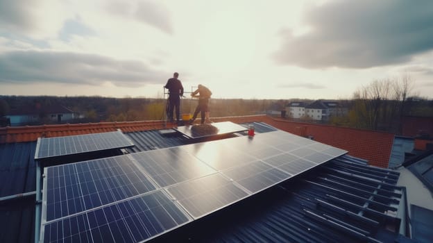 solar panesl or photovoltaic plant on the roof of a house. Generative AI.